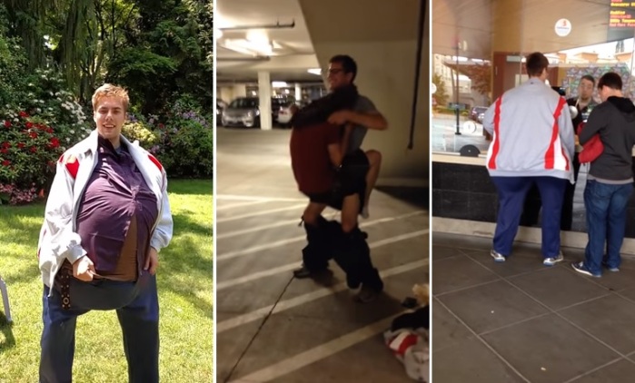 Amigos se disfrazaron de hombre obeso para pagar sólo una entrada al cine: Resultó