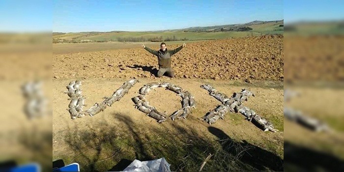 Cazadores españoles muestran su apoyo a partido político escribiendo su nombre con conejos muertos