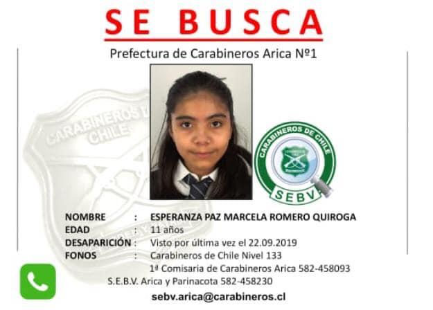 Buscan a niña de 11 años que desapareció desde su casa en Arica