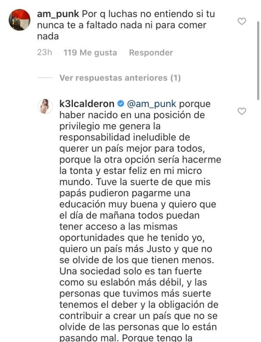 Kel Calderón respondió duramente a seguidor que la criticó y fue atacada por Carabineros este miércoles