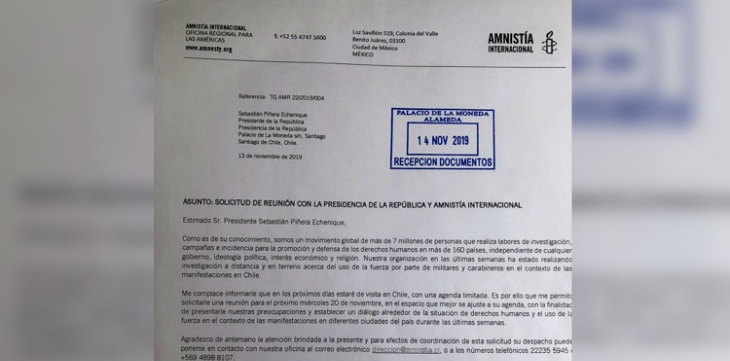 Amnistía Internacional refuta al Gobierno publicando carta en la que solicitó reunión con Piñera