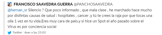 Pancho Saavedra respondió a tuitero que lo encaró por spot del ministerio de salud