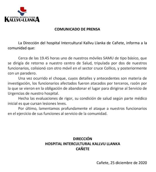Ambulancia fue atacada a piedrazos tras chocar: Hospital de Cañete repudia agresión a paramédicos
