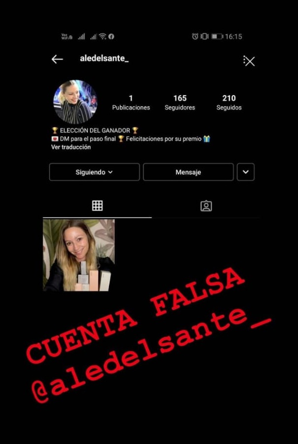 estafa en redes advertida por Ale Del Sante