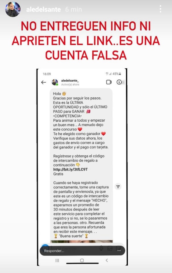 estafa en redes advertida por Ale Del Sante