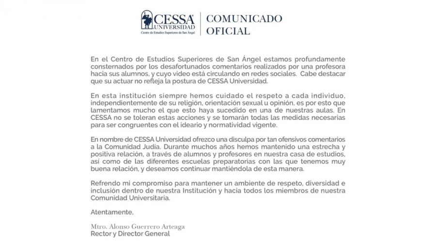 El comunicado emitido por la CESSA tras el chiste antisemita de la maestra en México.