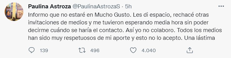 Paulina Astroza apuntó a Mucho Gusto.