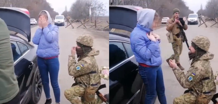 Soldado ucraniano pide la mano a su novia en medio de retén falso