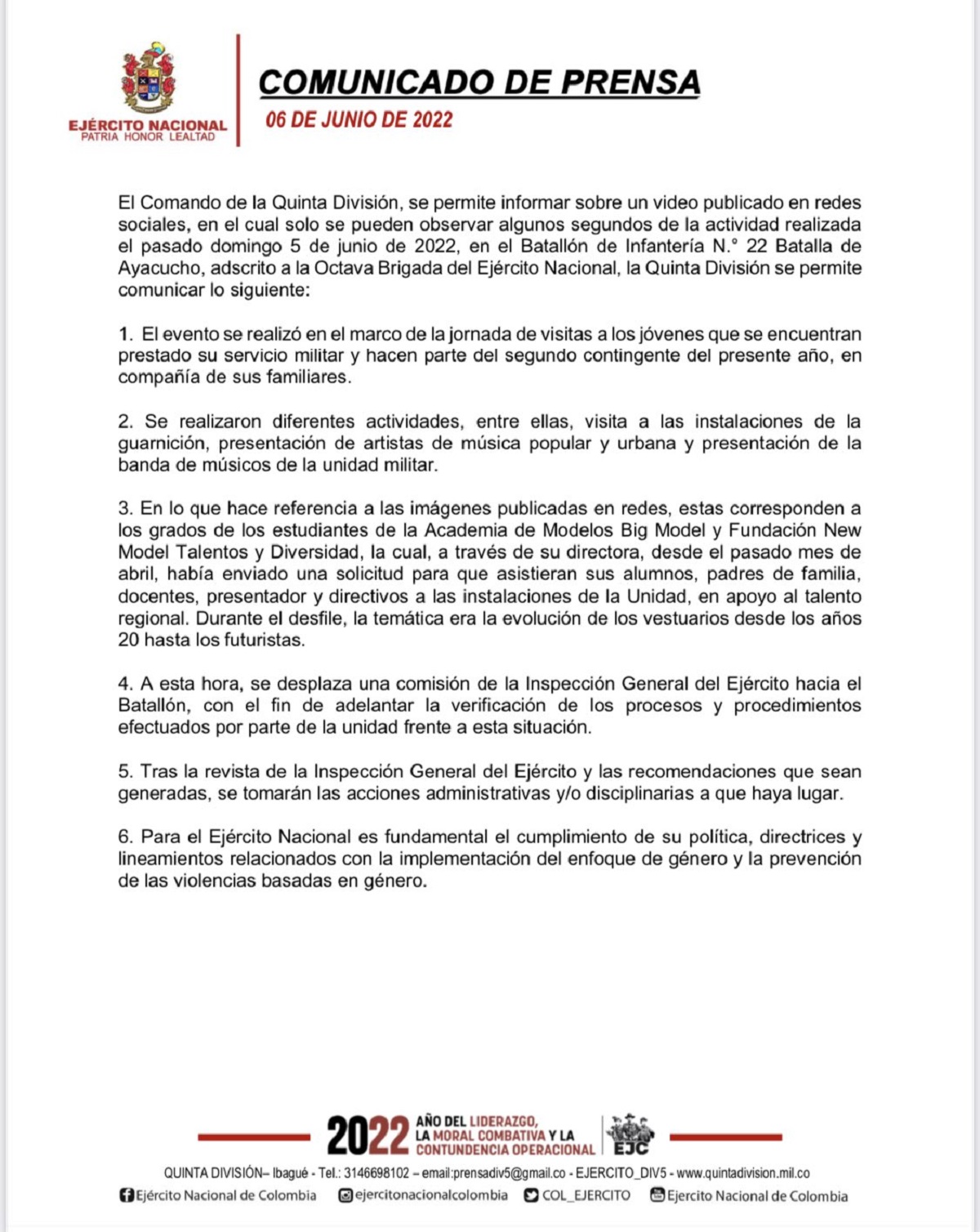 comunicado batallón ejército Colombia