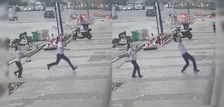 Viralizan impactante video en que hombre salvó a una bebé que cayó de un quinto piso en China