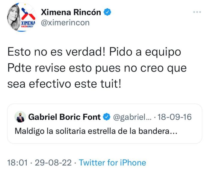 Ximena Rincón sobre antiguo tuit de Gabriel Boric