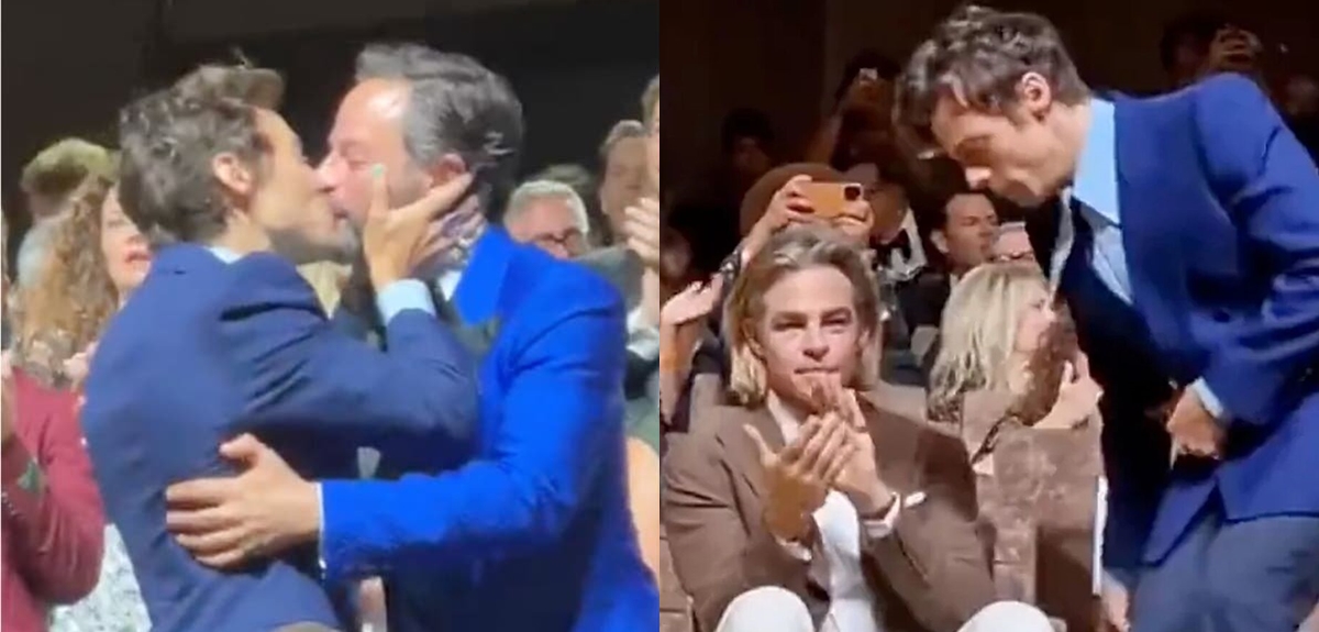 Harry Styles causó furor en Venecia: besó a Nick Kroll y fans aseguran que le escupió a Chris Pine