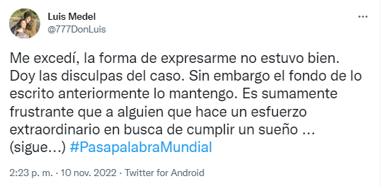 Luis Medel pide disculpas por dichos contra Leandro Penna, pero apunta a la actitud del trasandino.