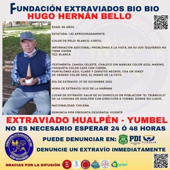 Adulto mayor de Hualpén lleva más de 48 horas extraviado: se dirigía a Yumbel pero nunca llegó 