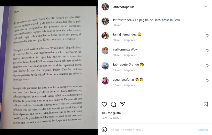 Latife Soto compartió imagen de su libro donde predijo lo que ocurriría con Pedro Castillo en Perú