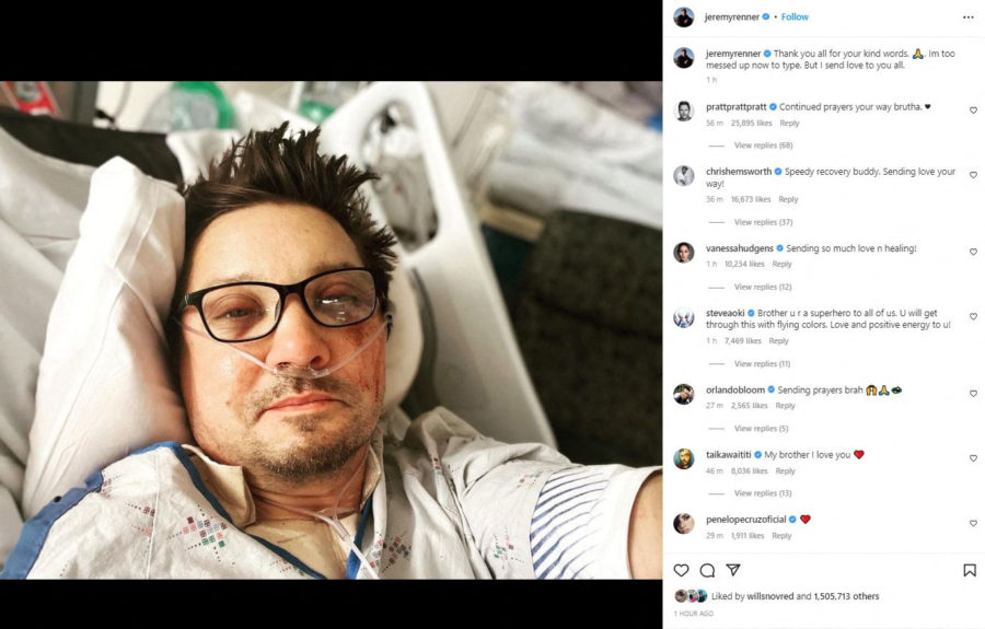 Jeremy Renner compartió foto desde el hospital tras dramático accidente: "Gracias a todos"