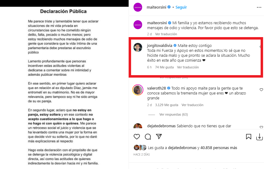 Jorge Valdivia envió mensaje de apoyo a Maite Orsini tras polémica: "Estoy contigo"