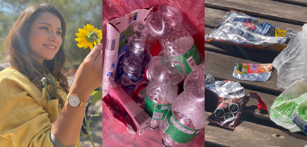 Loreto Aravena muestra cómo recicla plásticos flexibles.