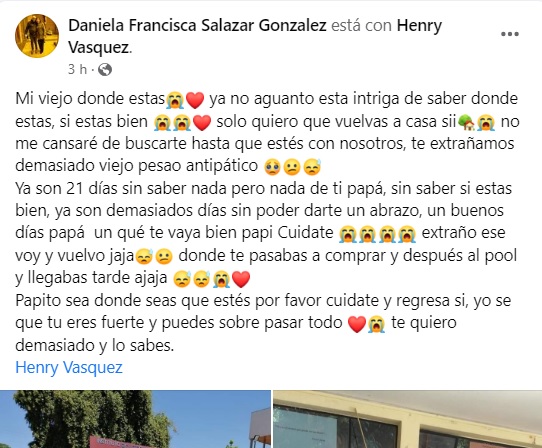 Desgarrador mensaje hija Henry Vásquez desaparecido en Curicó