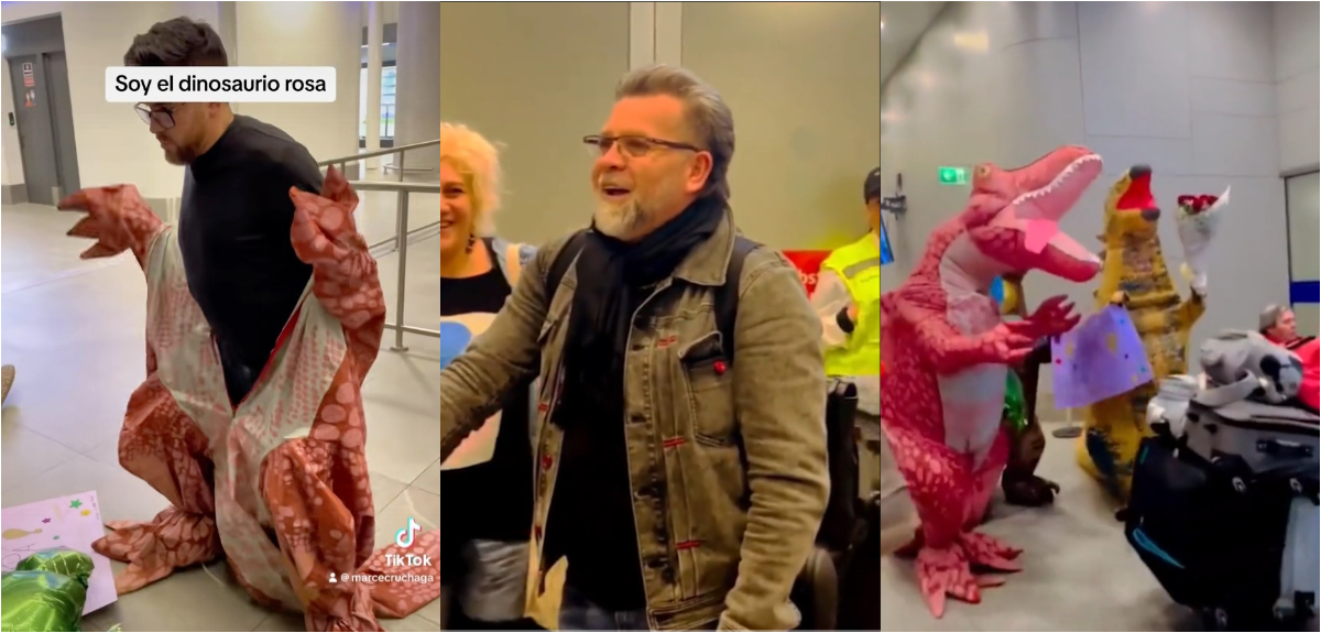 Hijos reciben a su padre vestidos de dinosaurios en el aeropuerto