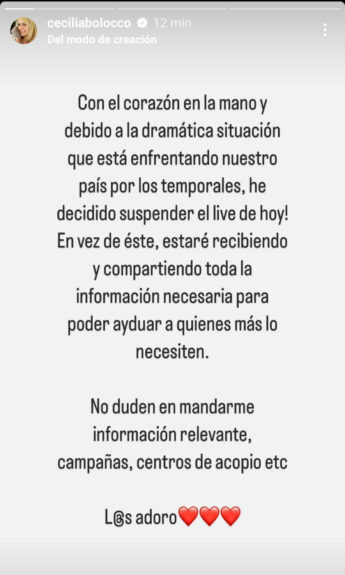 La sensible razón por la que Cecilia Bolocco decidió suspender su Live: “Con el corazón en la mano”