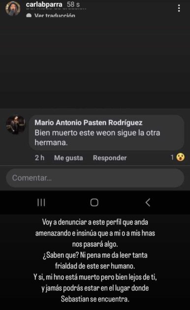 Carla Barra mostró amenazante mensaje que recibió en torno a la muerte de su hermano Sebastián