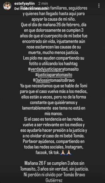 Madre de Tomás Bravo hizo especial petición a 3 años del hallazgo del cuerpo sin vida de su hijo