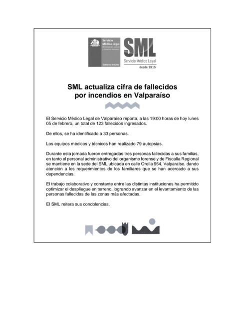 Cifra de fallecidos por incendios en región de Valparaíso sube a 123