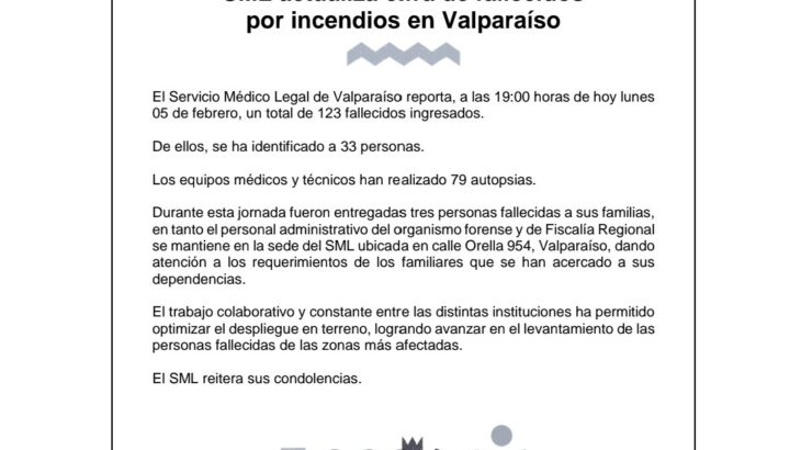 Cifra de fallecidos por incendios en región de Valparaíso sube a 123