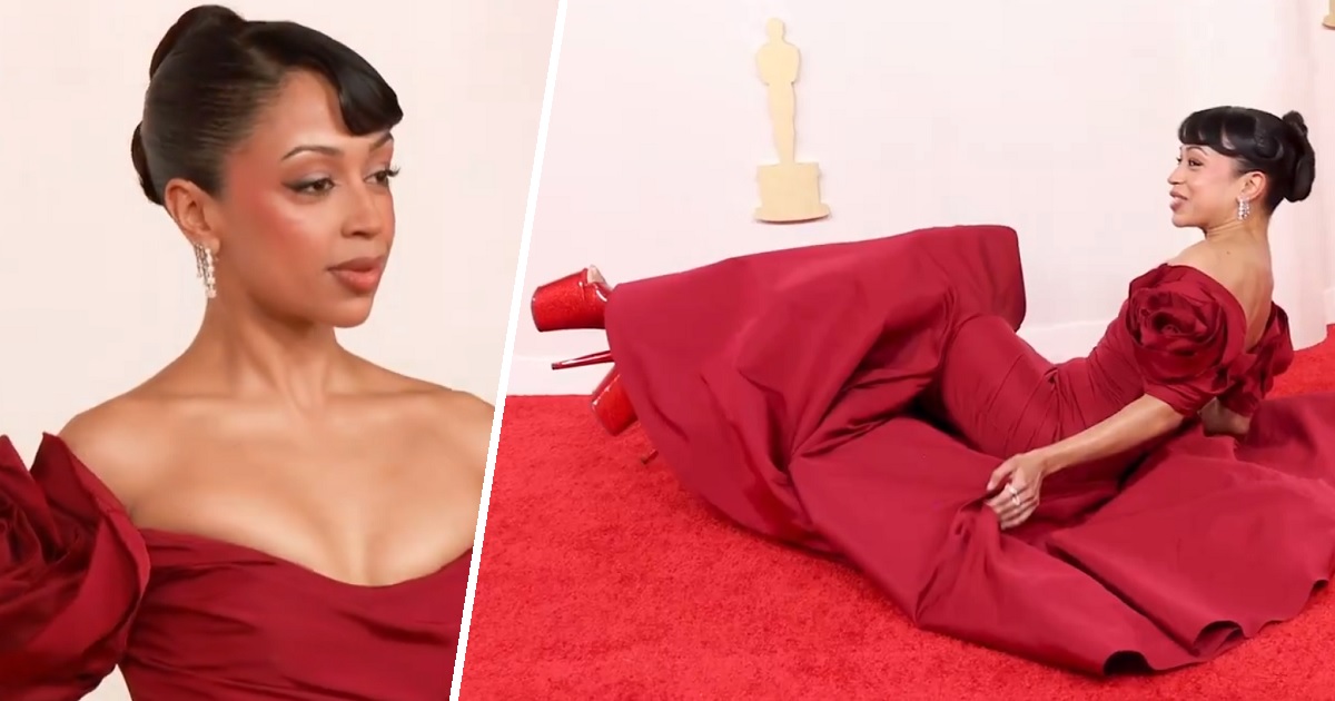 caída de Liza Koshy en alfombra roja de los Premios Oscar 2024