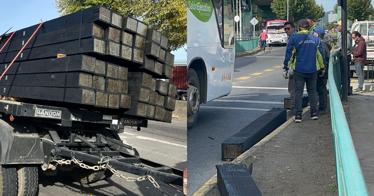 Carga de madera de un camión cae sobre personas en San Pedro de la Paz: una mujer está grave