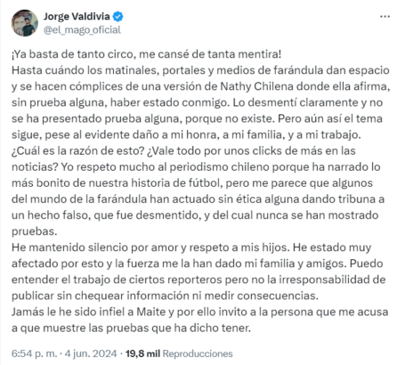Jorge Valdivia aclaró rumores de infidelidad y desafió a Natthy Chilena a "mostrar pruebas"