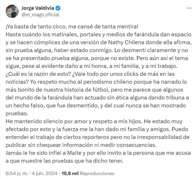 Jorge Valdivia aclaró rumores de infidelidad y desafió a Natthy Chilena a "mostrar pruebas"