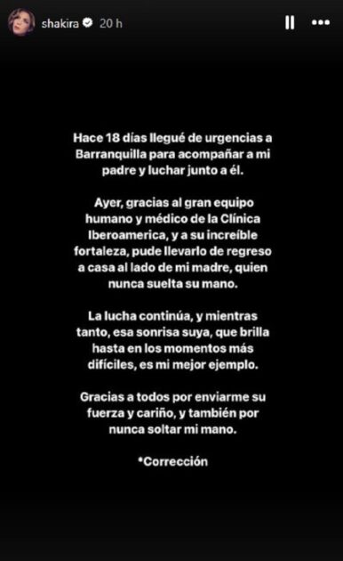 Shakira entregó detalles del actual estado de salud de su padre tras compleja enfermedad
