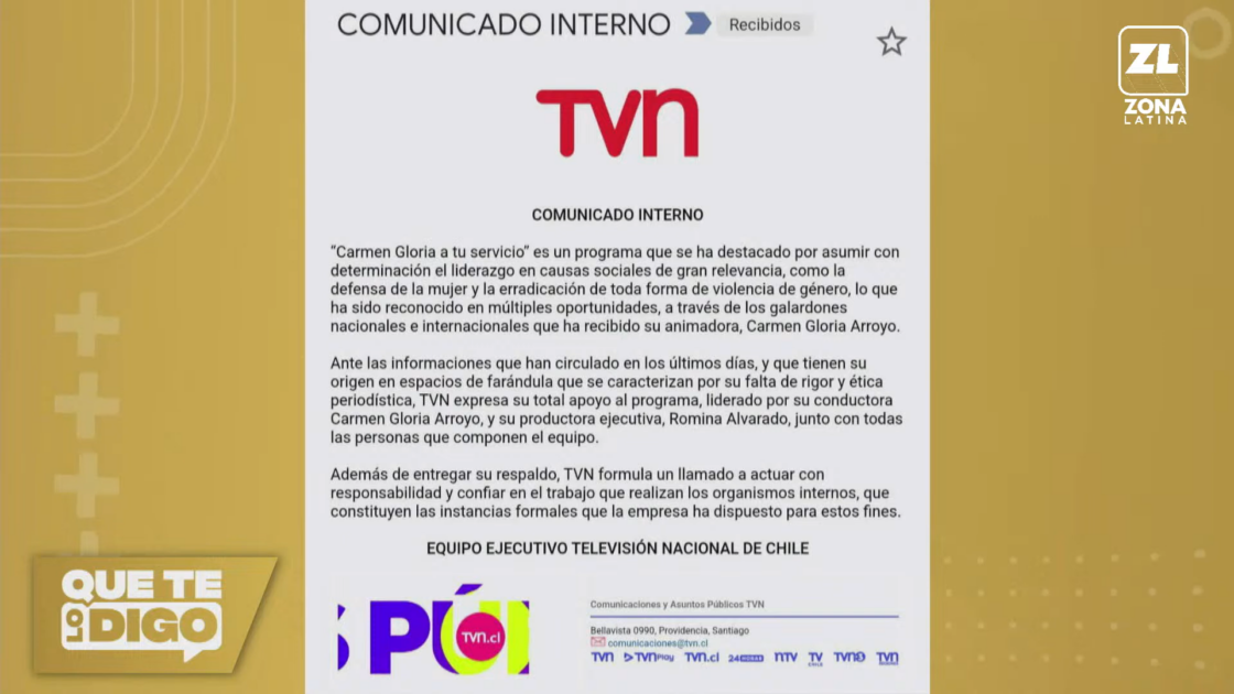 TVN alza la voz y respalda a Carmen Gloria Arroyo ante denuncias de maltrato en su programa