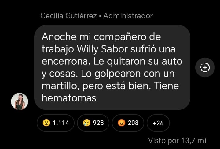 Willy Sabor sufrió violenta encerrona durante la madrugada: fue agredido por 5 antisociales