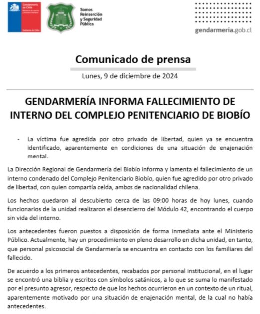 Investigan "ritual satánico" tras homicidio de reo en Concepción.
