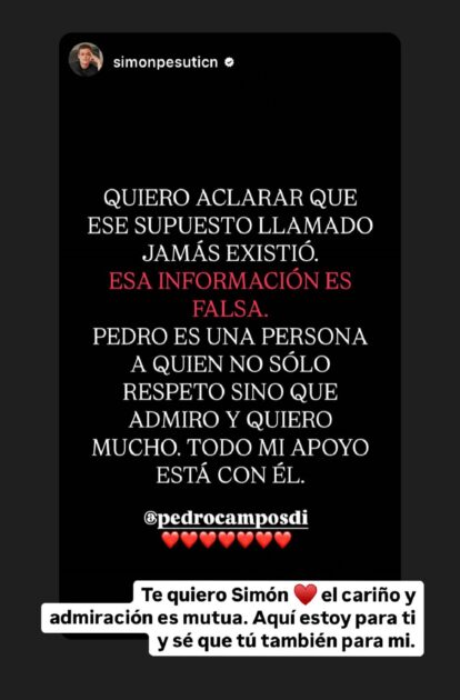 La respuesta de Pedro Campos a desmentido de Simón Pesutic sobre supuesta amenaza: "Te quiero"