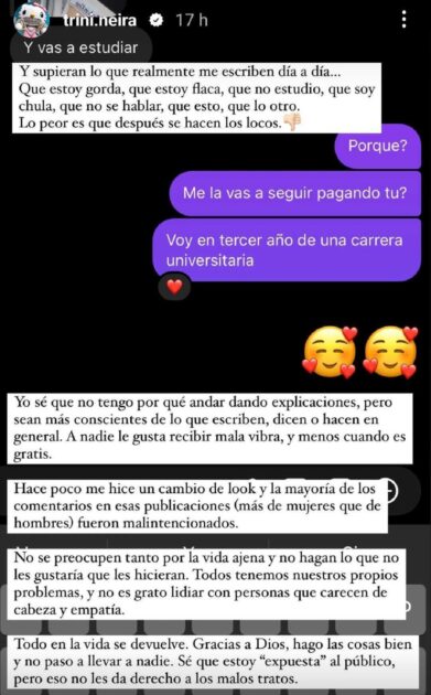 Trini Neira funó a hater y reflexionó sobre el odio en redes: "Que estoy flaca, que soy chula…"