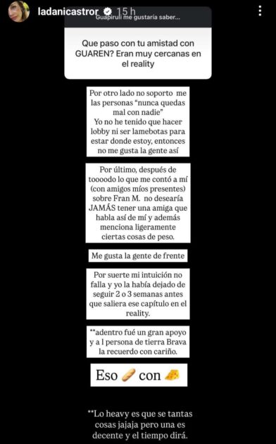 Daniela Castro disparó sin filtro contra Valentina Torres, la Guarén 