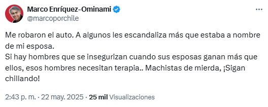 Marco Enríquez-Ominami tras críticas por auto robado a nombre de su esposa: "Machistas de mierda"