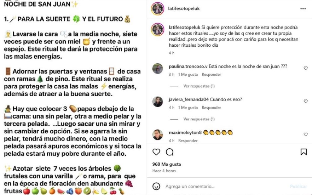 Mediante sus redes sociales, Latife Soto entregó una serie de consejos para afrontar esta Noche de San Juan.
