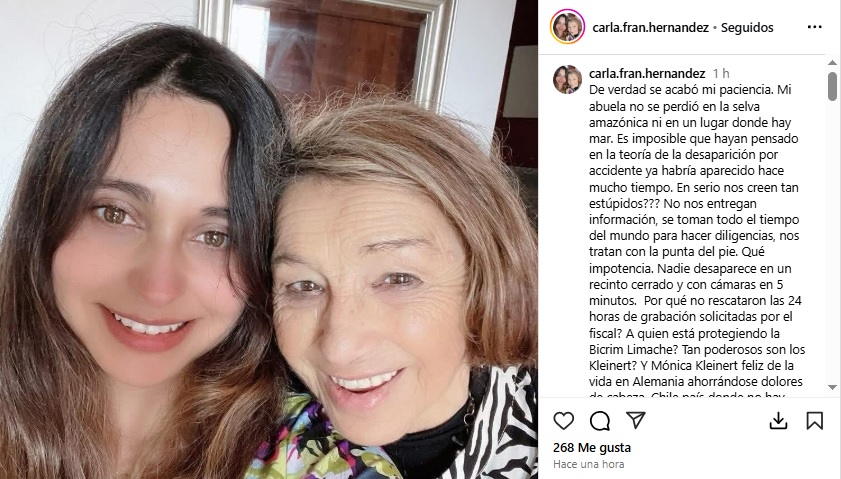 El furioso descargo de nieta de María Elcira Contreras a casi 16 meses de su desaparición