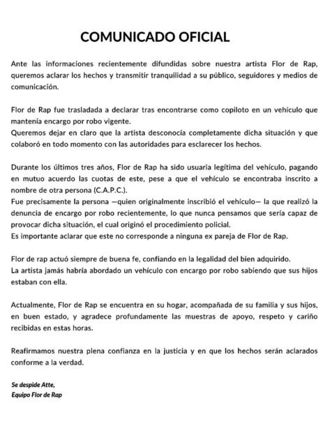 La versión de Flor de Rap tras ser detenida por conducir auto con encargo por robo