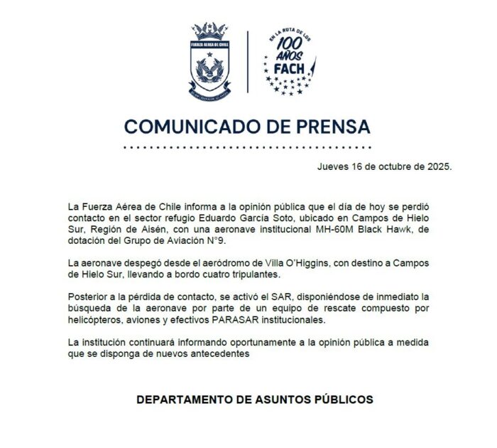 Confirman desaparición helicóptero de la FACh en Campos de Hielo Sur: cuatro personas iban a bordo