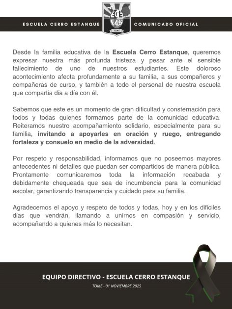 Comunicado de la escuela de menor de edad fallecido en Tomé