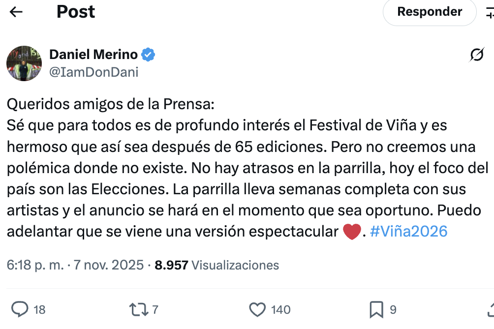 Director de Festival de Viña aclara demora en el anuncio de la parrilla: "Lleva semanas completa"