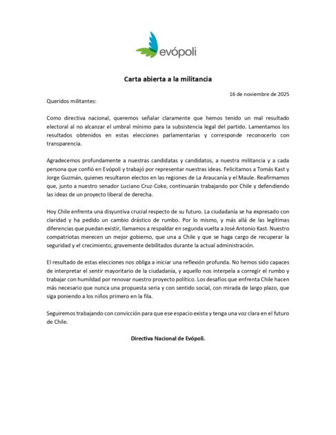 Evópoli no consiguió umbral mínimo de votos para la subsistencia: partido de ChileVamos desaparecerá