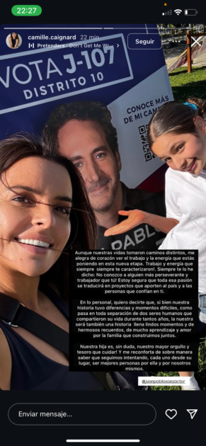 Camille Caignard dedicó un mensaje de apoyo en redes sociales a Juan Pablo Sáez.