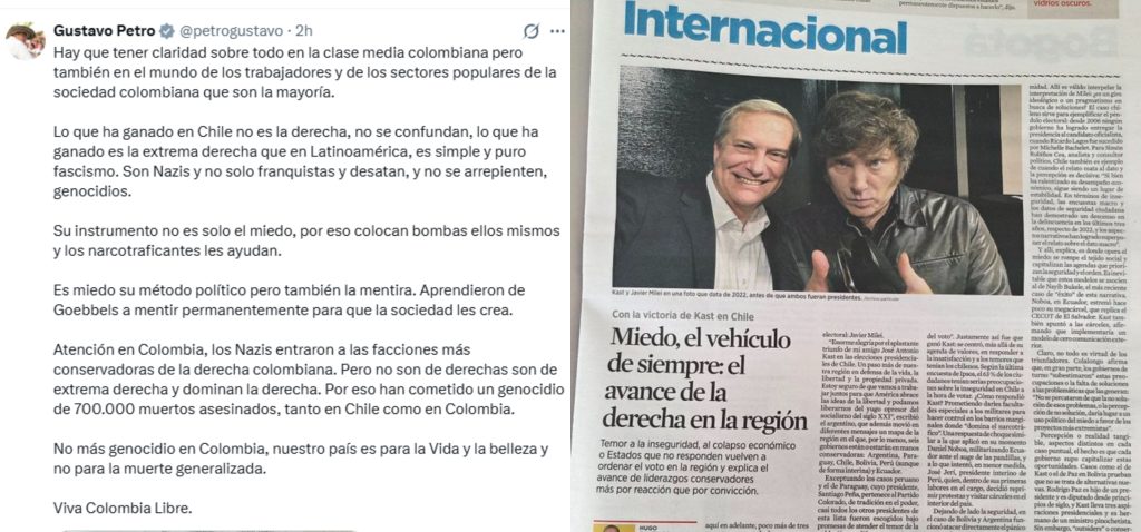 Siguen los dardos de presidente Petro hacia Kast pese a nota de protesta: "Puro fascismo. Son Nazis"